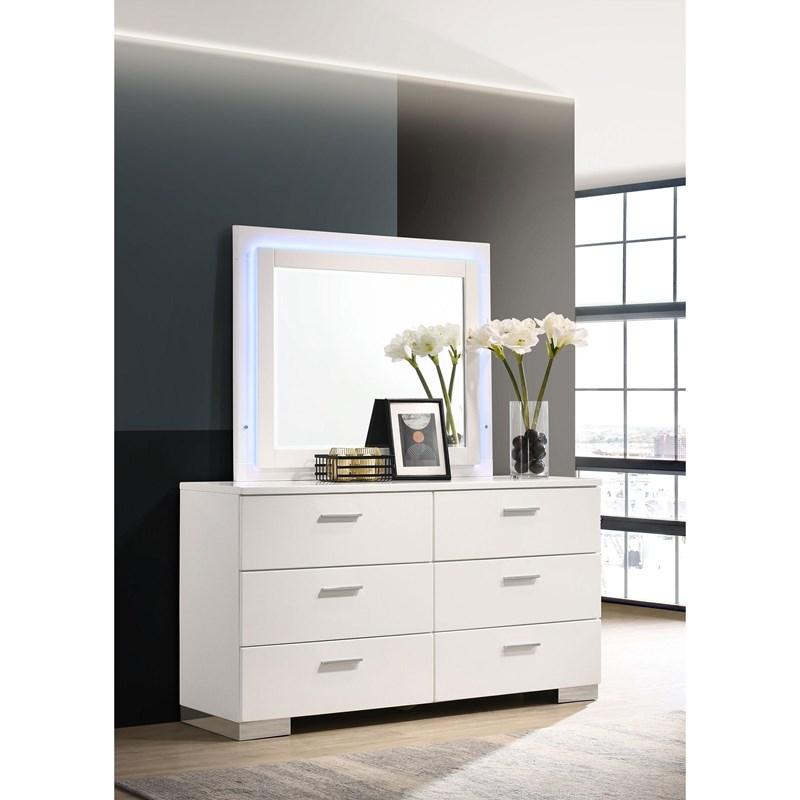 Large Picture of Coaster Furniture Felicity 203503ML 6-Drawer Dresser with LED Mirror - White High Gloss