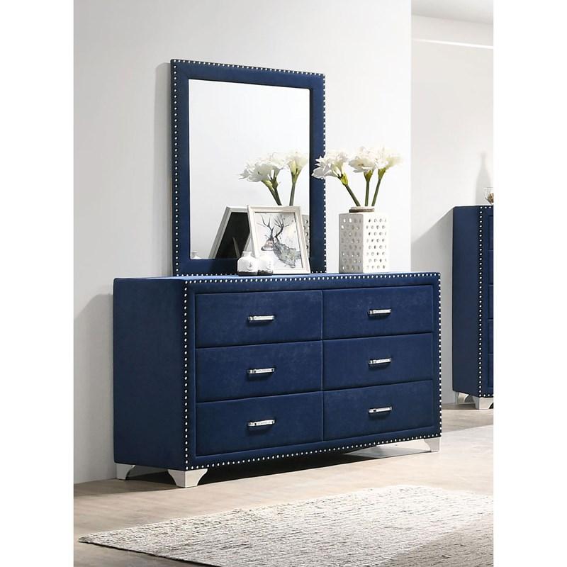 Large Picture of Coaster Furniture Melody 223373M 6-Drawer Upholstered Dresser with Mirror - Pacific Blue