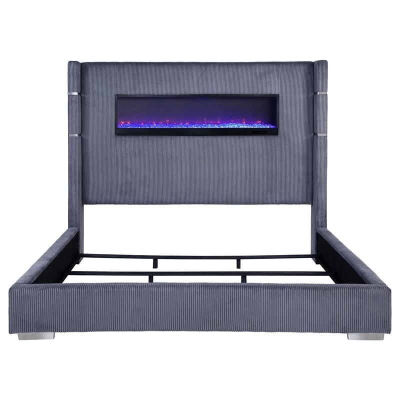 Large Picture of Coaster Furniture Tisdall 306030KE Upholstered Eastern King Flame Visualizer Bed - Grey
