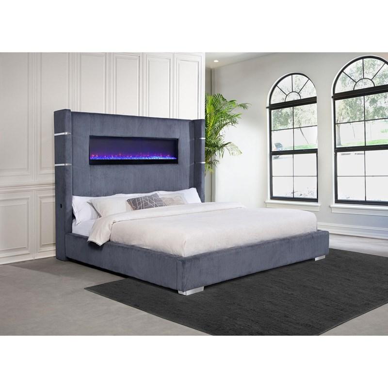 Large Picture of Coaster Furniture Tisdall 306030KE Upholstered Eastern King Flame Visualizer Bed - Grey