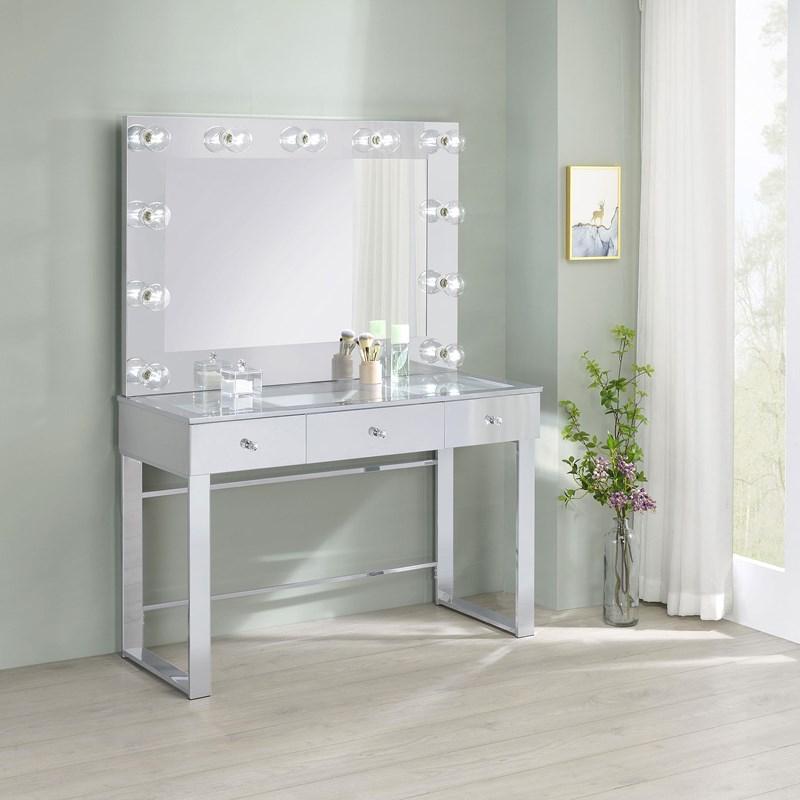 Large Picture of Coaster Furniture Umbridge 935934 3-Drawer Vanity Set with Lighting - Chrome and White