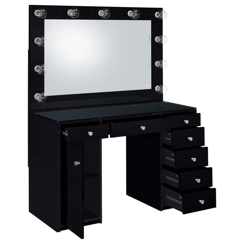 Large Picture of Coaster Furniture Acena 931144 7-Drawer Vanity Set with Lighting - Black High Gloss