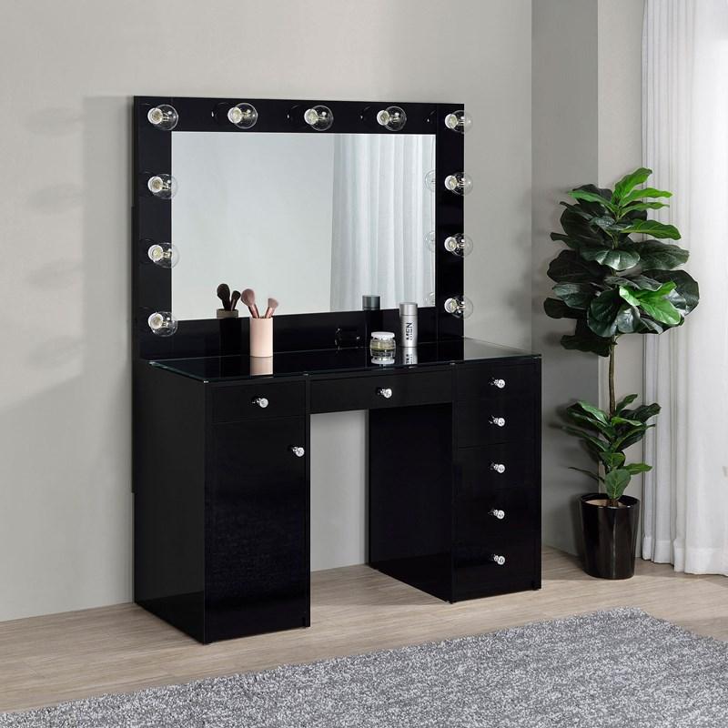 Large Picture of Coaster Furniture Acena 931144 7-Drawer Vanity Set with Lighting - Black High Gloss