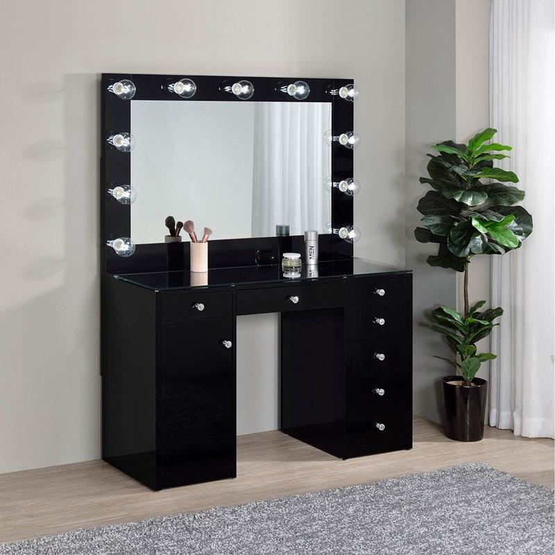 Large Picture of Coaster Furniture Acena 931144 7-Drawer Vanity Set with Lighting - Black High Gloss