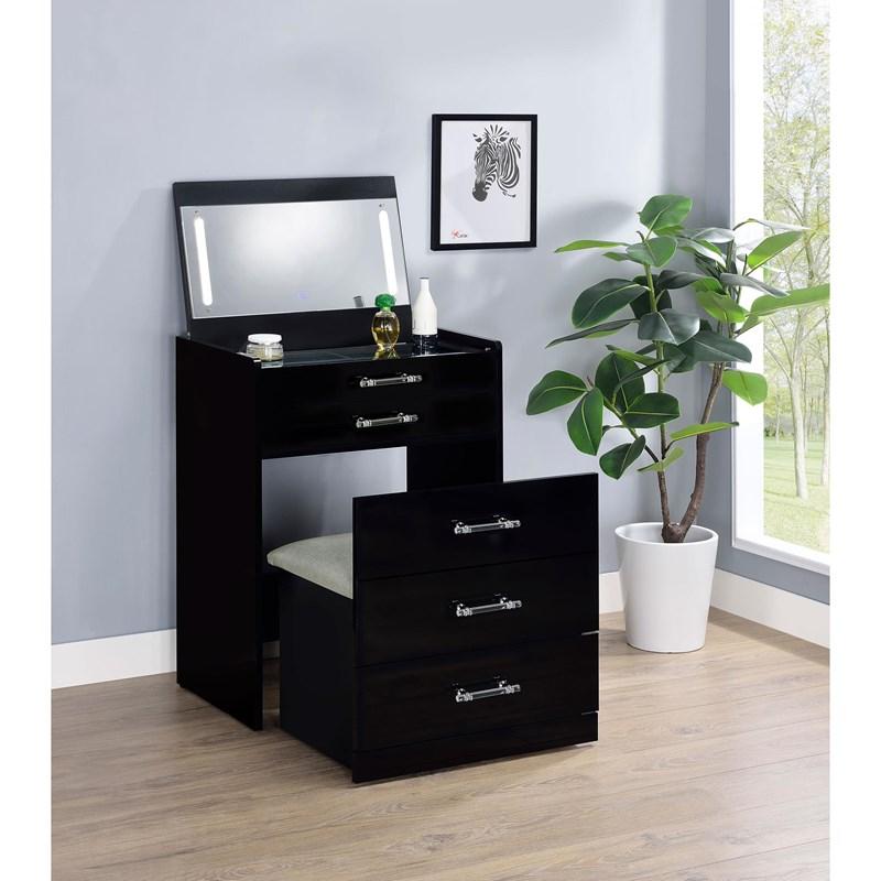 Large Picture of Coaster Furniture Danbury 930209 3-Drawer Makeup Vanity & Stool - Set Black High Gloss