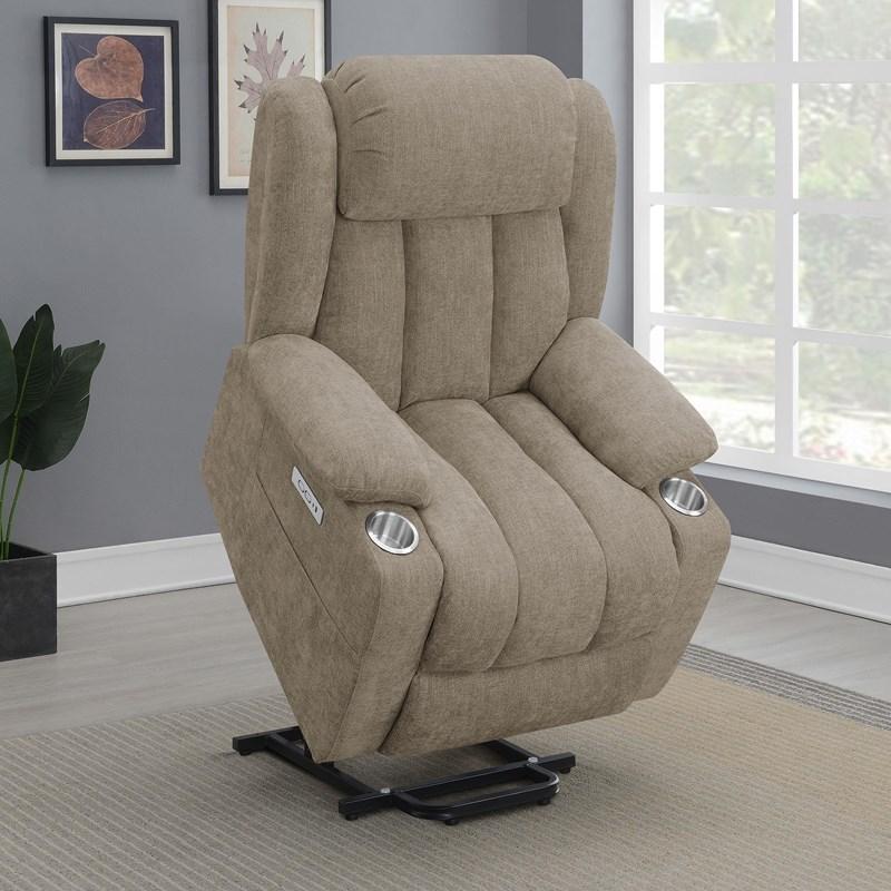 Large Picture of Coaster Furniture Houston 602274P Upholstered Power Lift Recliner Chair - Camel