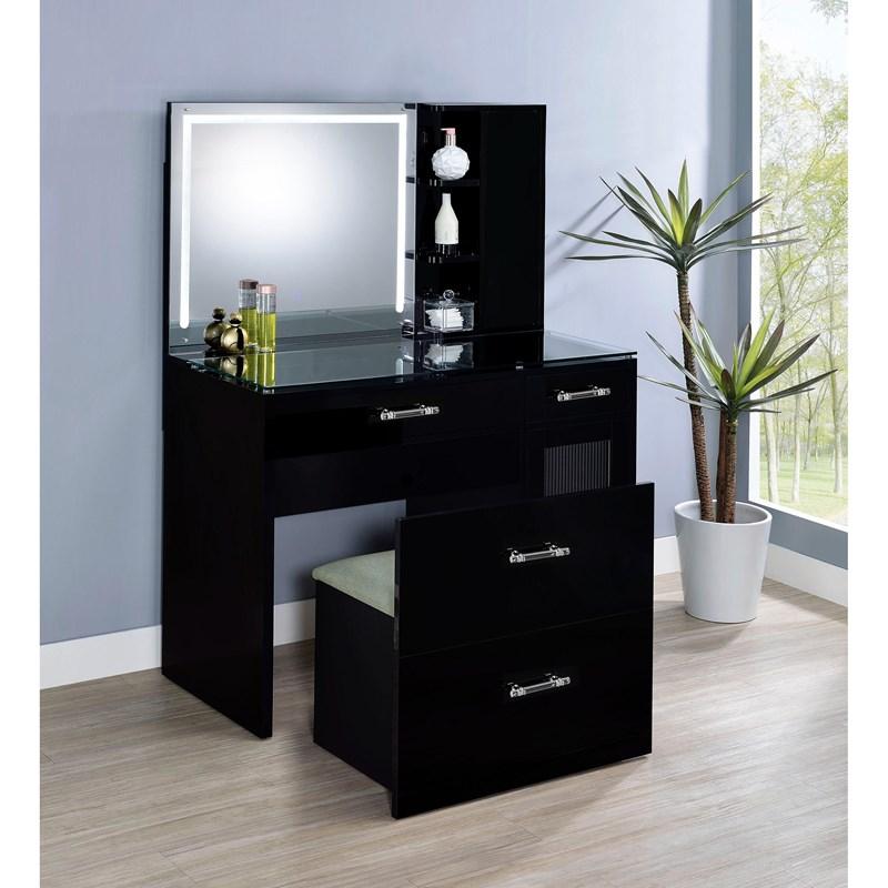 Large Picture of Coaster Furniture Flora 930219 2-drawer Vanity Set with LED Mirror - Black High Gloss