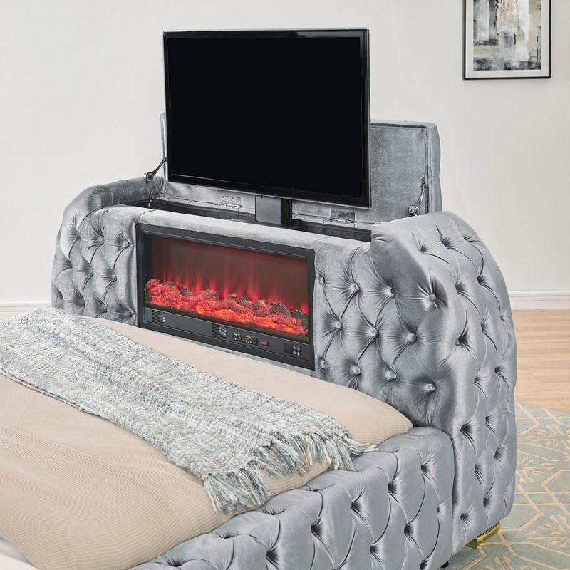 Large Picture of Crown Mark Natalia 5115GY-Q Queen Bed with Fireplace and TV Lift - Grey
