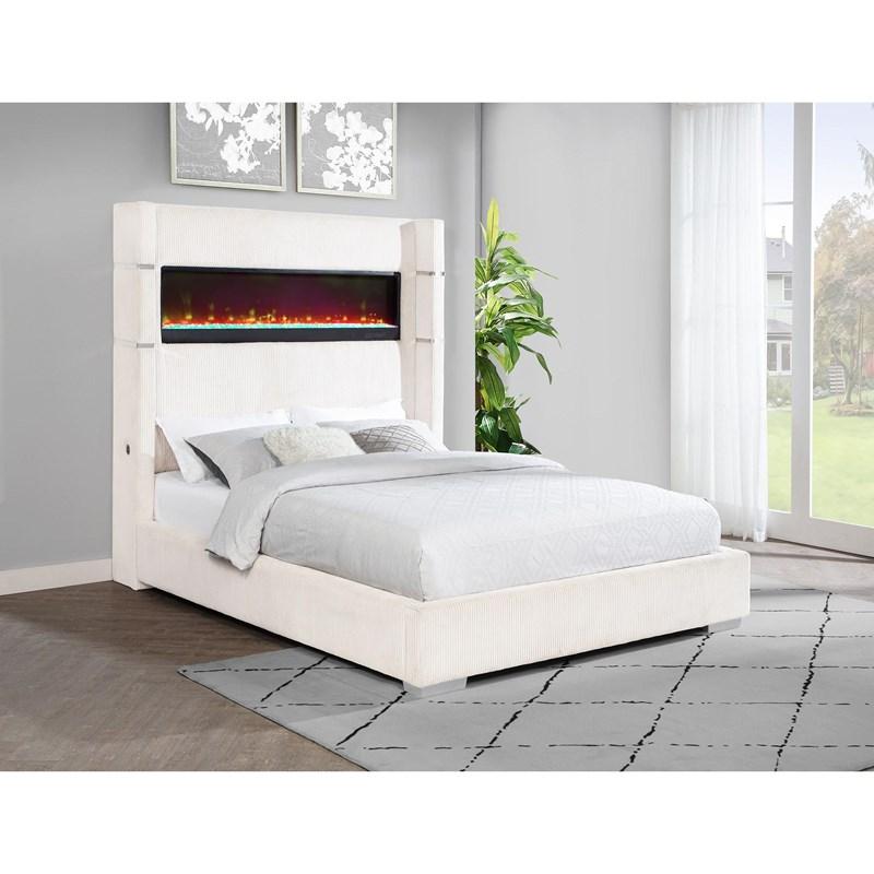 Large Picture of Coaster Furniture Tisdall 306032KE Upholstered King Flame Visualizer Bed - Cream