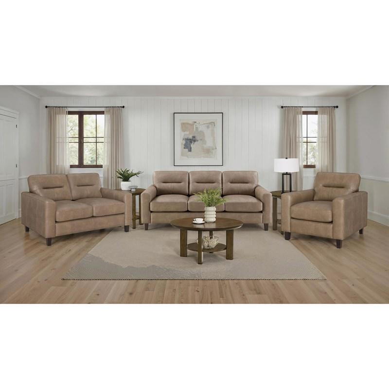 Large Picture of Coaster Furniture Scotland 504667 Faux Leather Upholstered Track Arm Sofa - Brown