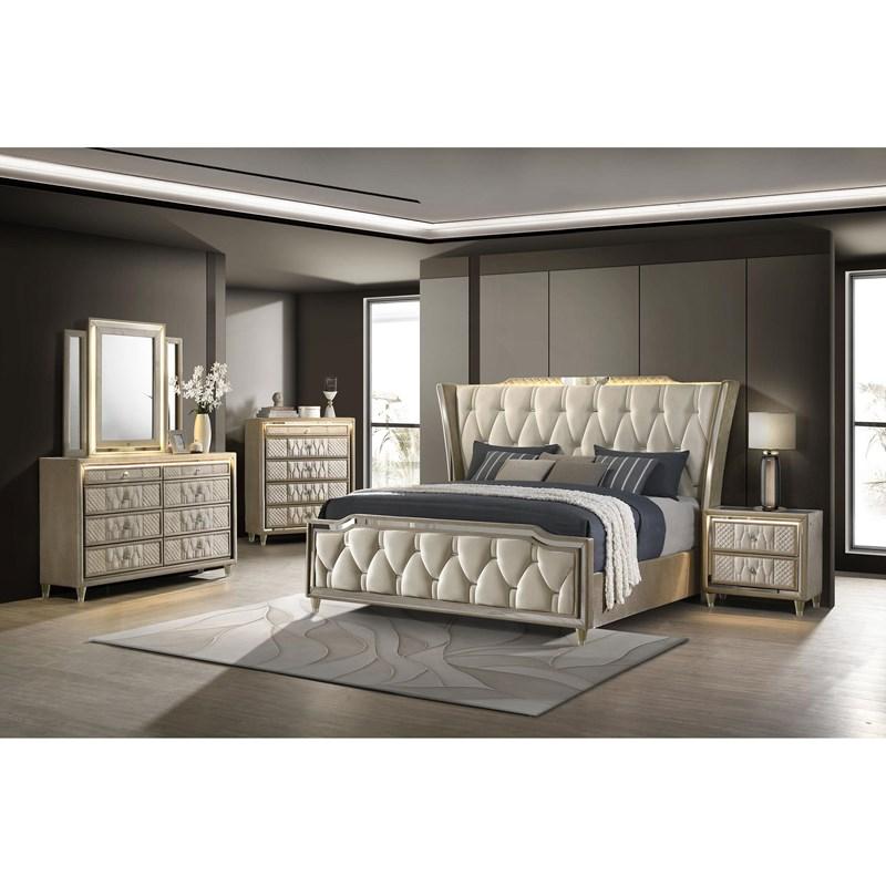 Large Picture of Coaster Furniture Lorient 222661KE Eastern King LED Upholstered Bed - Ivory/Camel