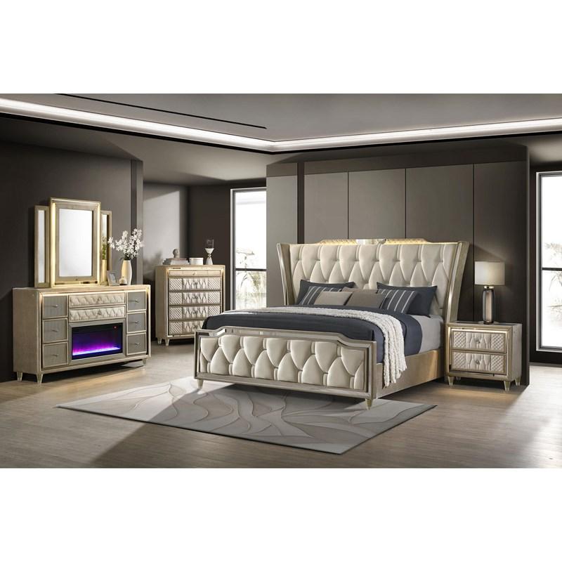 Large Picture of Coaster Furniture Lorient 222661KE Eastern King LED Upholstered Bed - Ivory/Camel