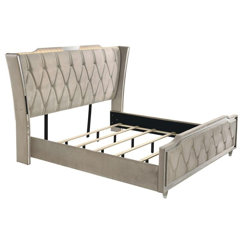 Large Picture of Coaster Furniture Lorient 222661KE Eastern King LED Upholstered Bed - Ivory/Camel