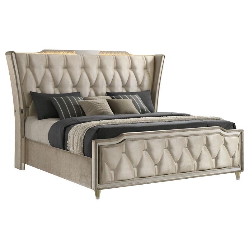 Large Picture of Coaster Furniture Lorient 222661KE Eastern King LED Upholstered Bed - Ivory/Camel