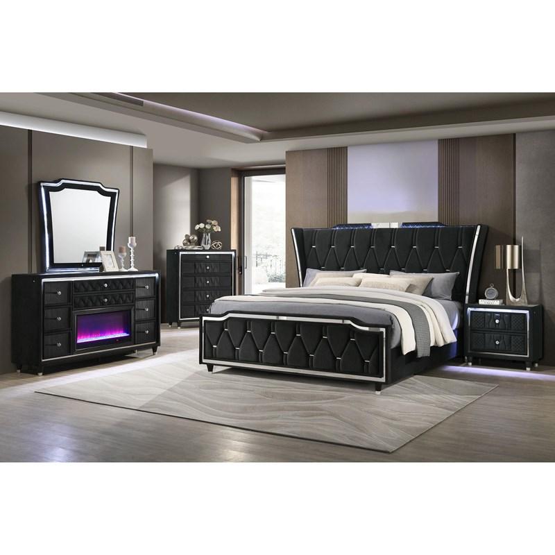 Large Picture of Coaster Furniture Lorient 223161Q Queen LED Upholstered Wingback Bed - Black